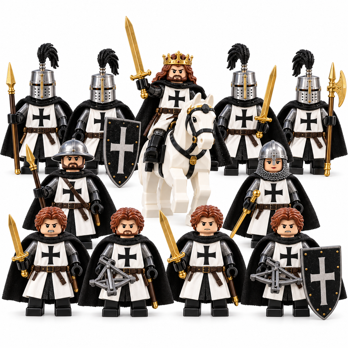 White Cross Knight Order minifigure set with horse on white background