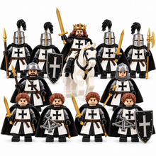 White Cross Knight Order minifigure set with horse on white background