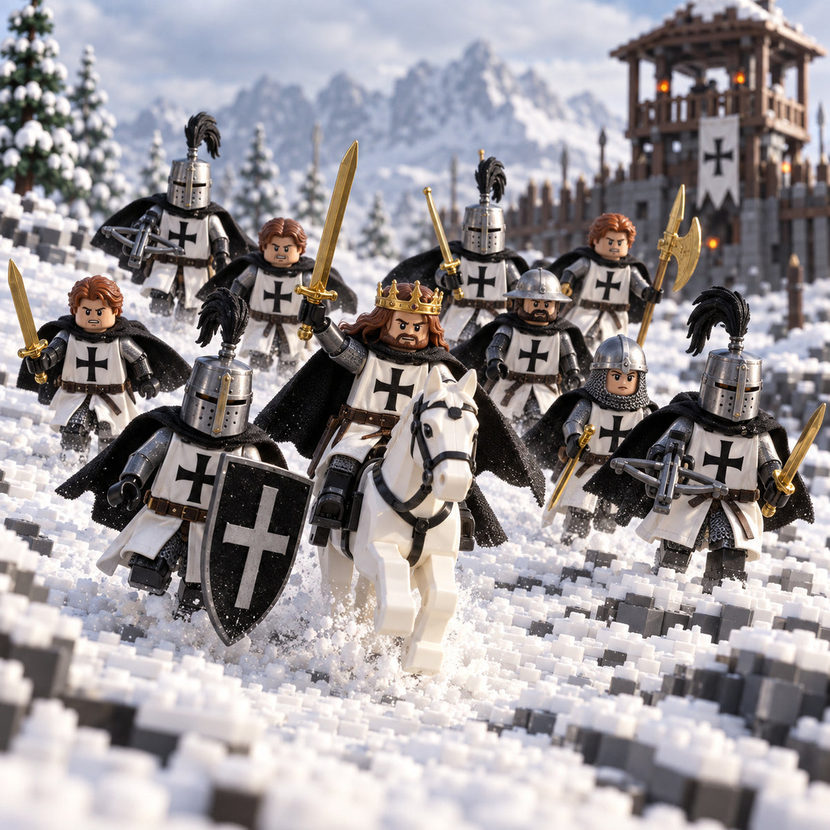 White Cross Knight Order charging across a snowy battlefield