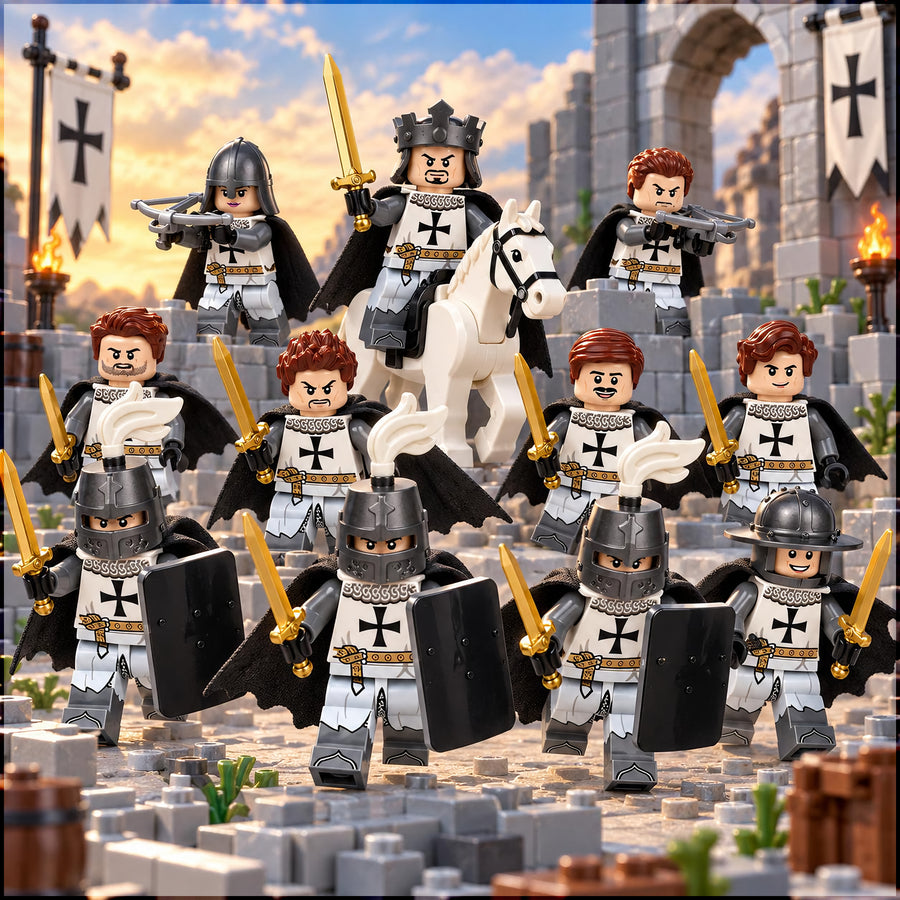 White Cross Knight Order Minifigure Set with Horse battle scene