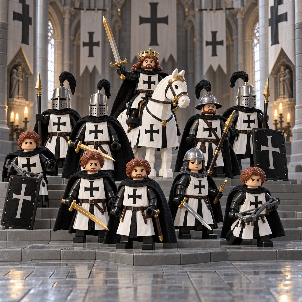 White Cross Knight Order posed in a gothic cathedral