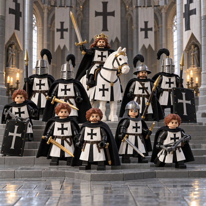 White Cross Knight Order posed in a gothic cathedral