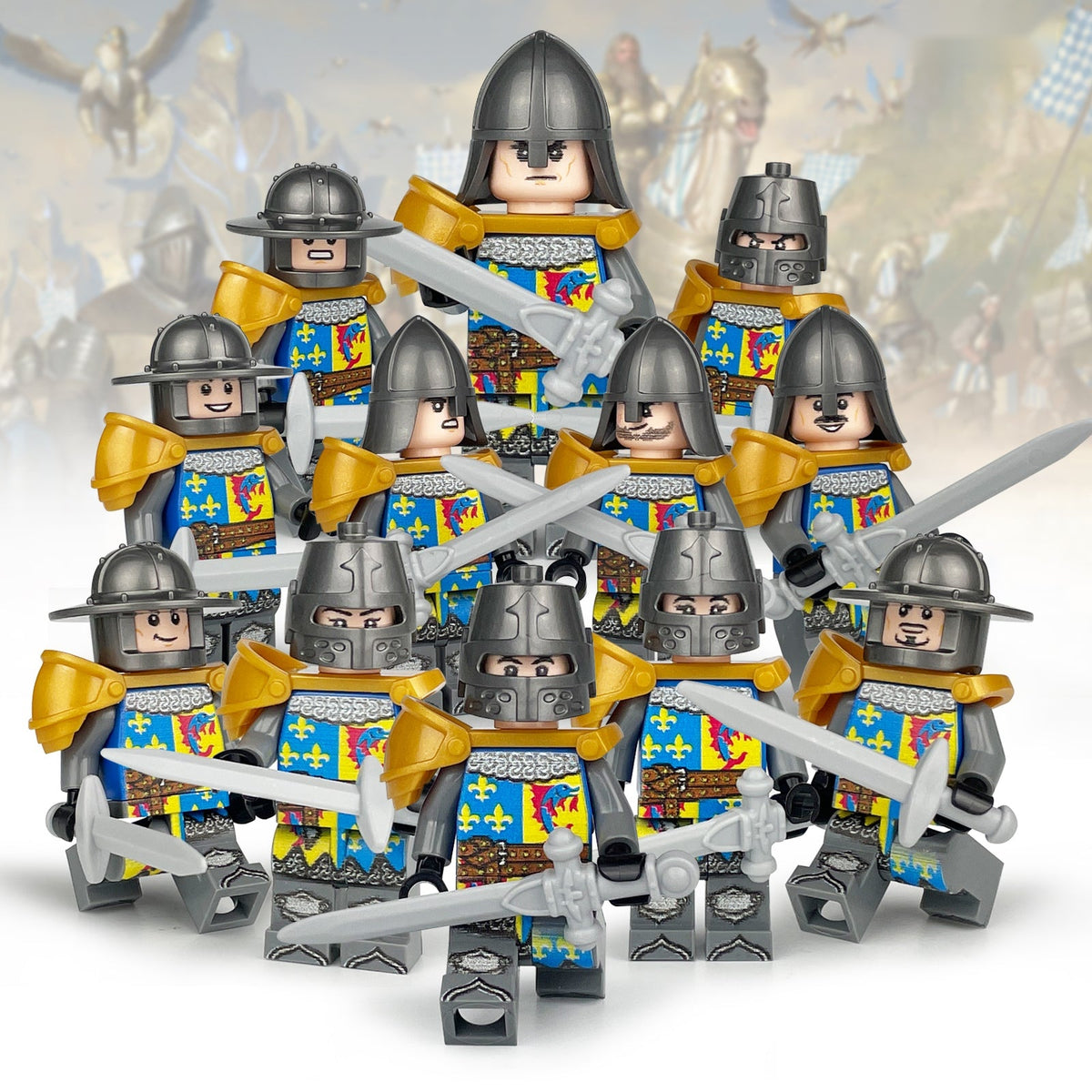 Fleur-de-Lis Castle Guard minifigure set with 12 soldiers and 12 swords