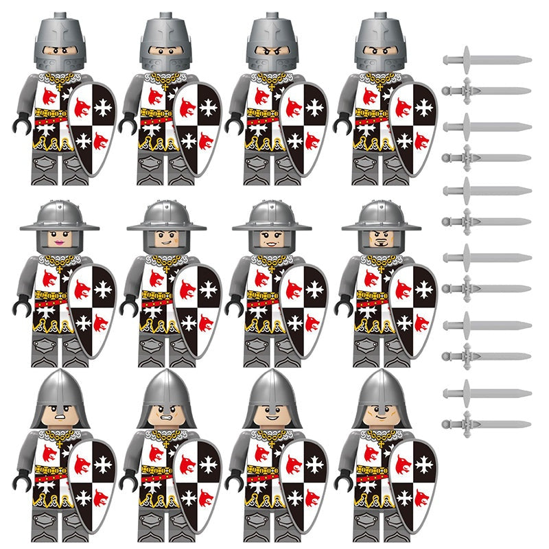 Red Wolf Crusader minifigure set with 12 knights, 12 shields, and 12 swords