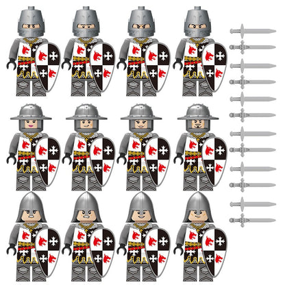 Red Wolf Crusader minifigure set with 12 knights, 12 shields, and 12 swords