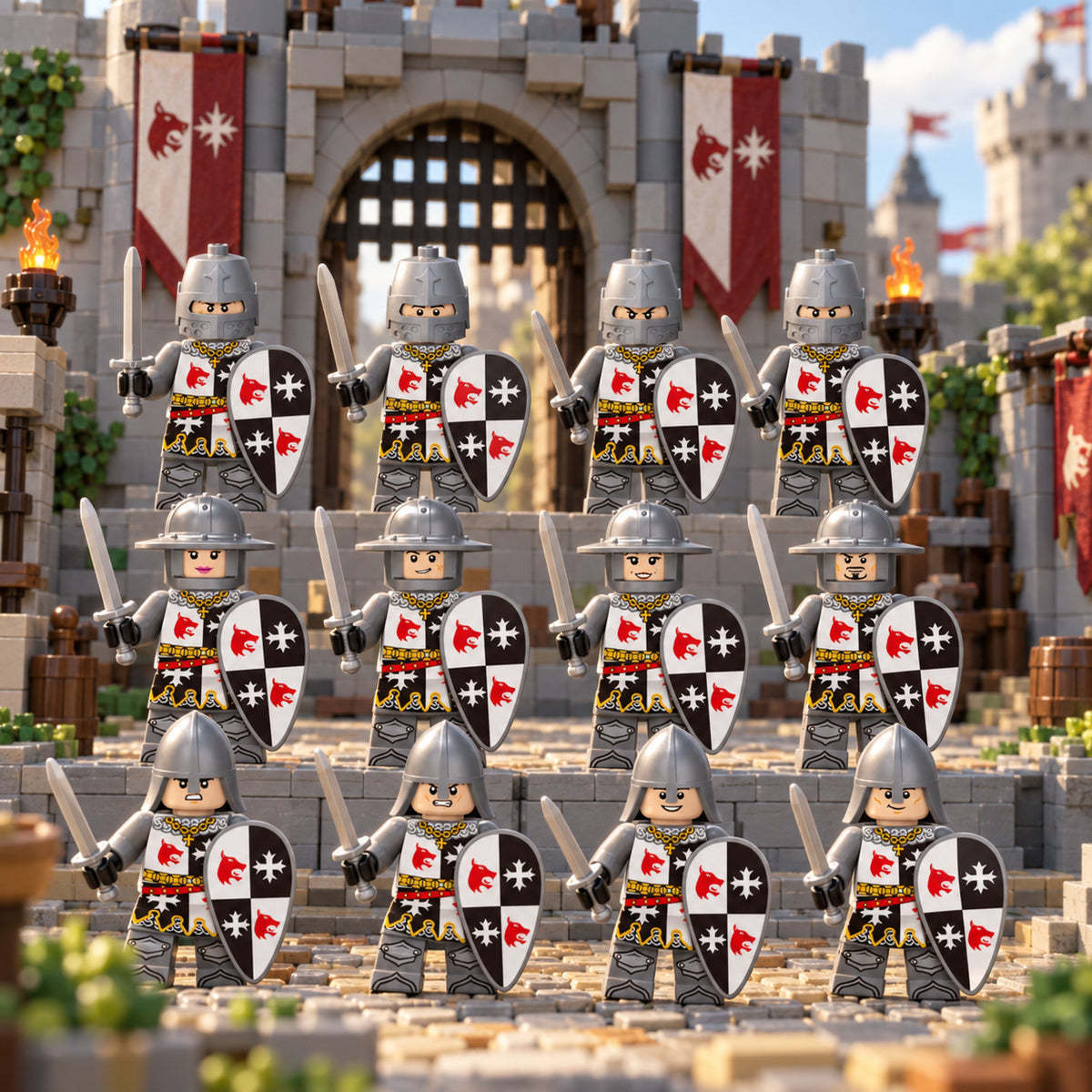 Red Wolf Crusader Minifigure Set, 12 Knights with Shields lifestyle scene B