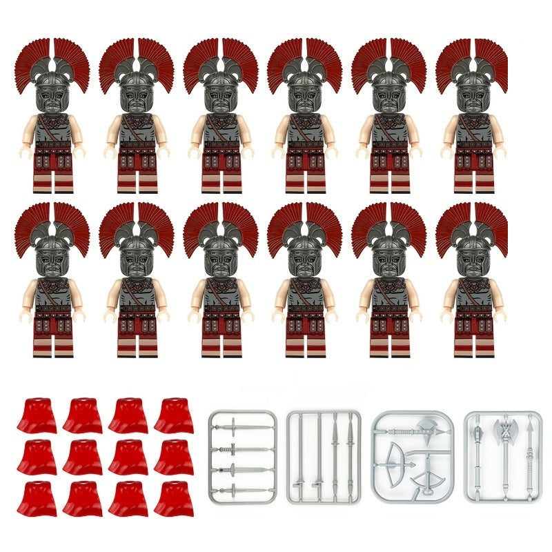 Crimson Crest ancient warrior minifigure set with 12 soldiers, red capes, and weapon frames