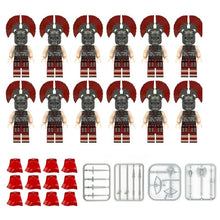 Crimson Crest ancient warrior minifigure set with 12 soldiers, red capes, and weapon frames