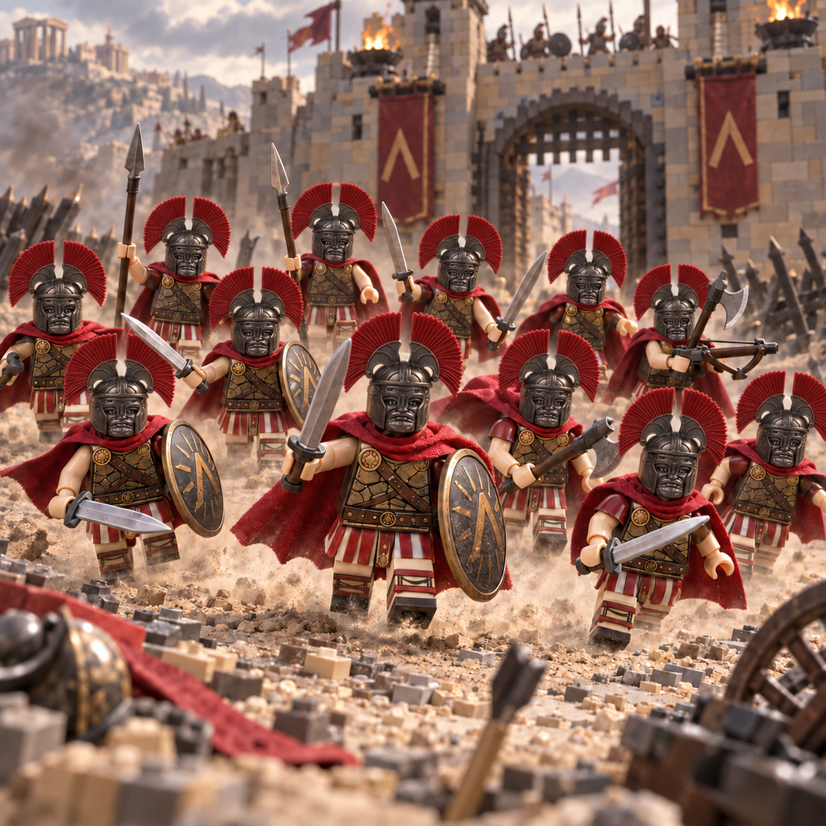 Crimson Crest Ancient Warrior Minifigure Set, 12 Soldiers lifestyle scene A