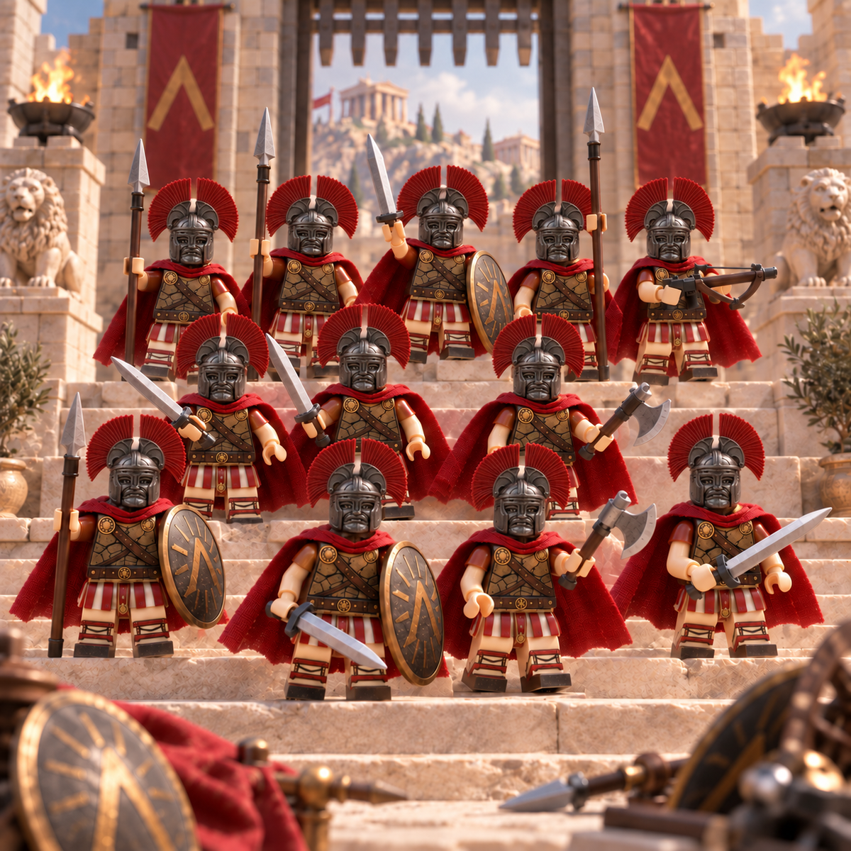 Crimson Crest Ancient Warrior Minifigure Set, 12 Soldiers lifestyle scene B