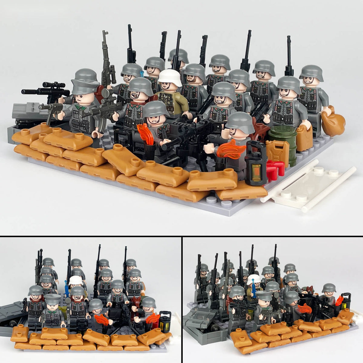 WWII German Infantry Squad Minifigure Set, 16 Soldiers with Sandbag Bunker