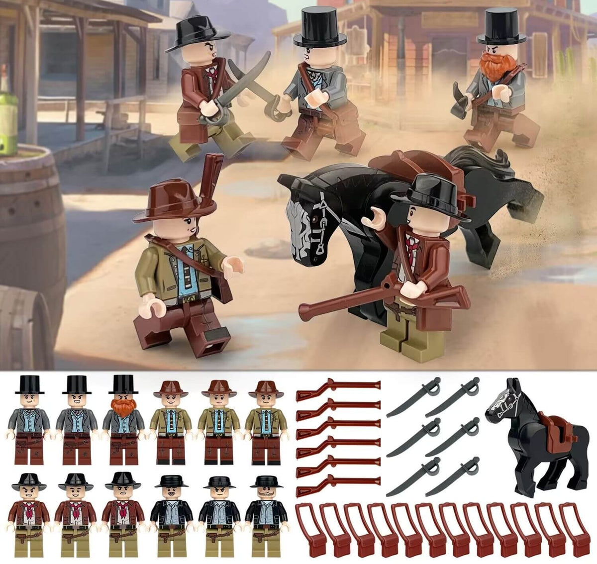 Wild West Outlaws and Lawmen Minifigure Set, 12 Figures with Horse