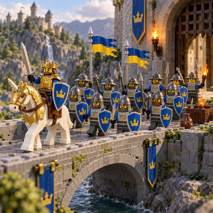 Blue Crown Kingdom Army Minifigure Set with Horse lifestyle scene A