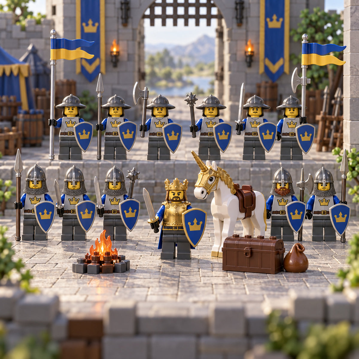 Blue Crown Kingdom Army Minifigure Set with Horse lifestyle scene B