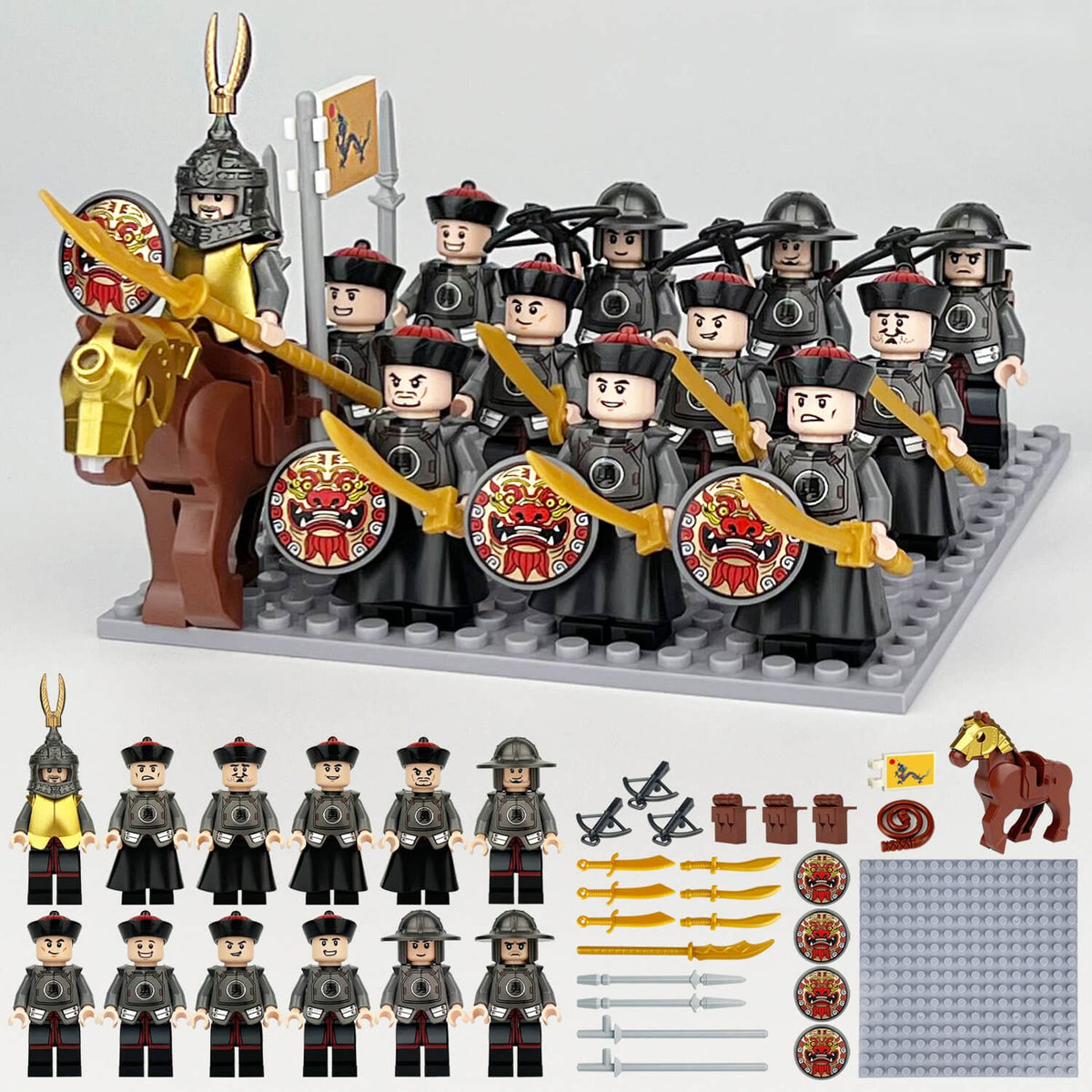 Qing Dynasty Braves Minifigure Set, 12 Soldiers with Mounted General