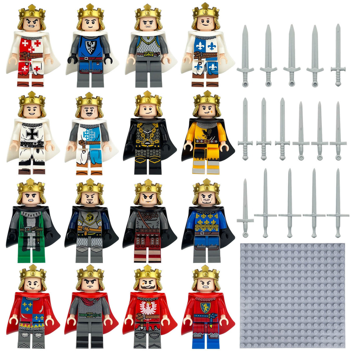 Medieval Kings Minifigure Set, 16 Crowned Rulers