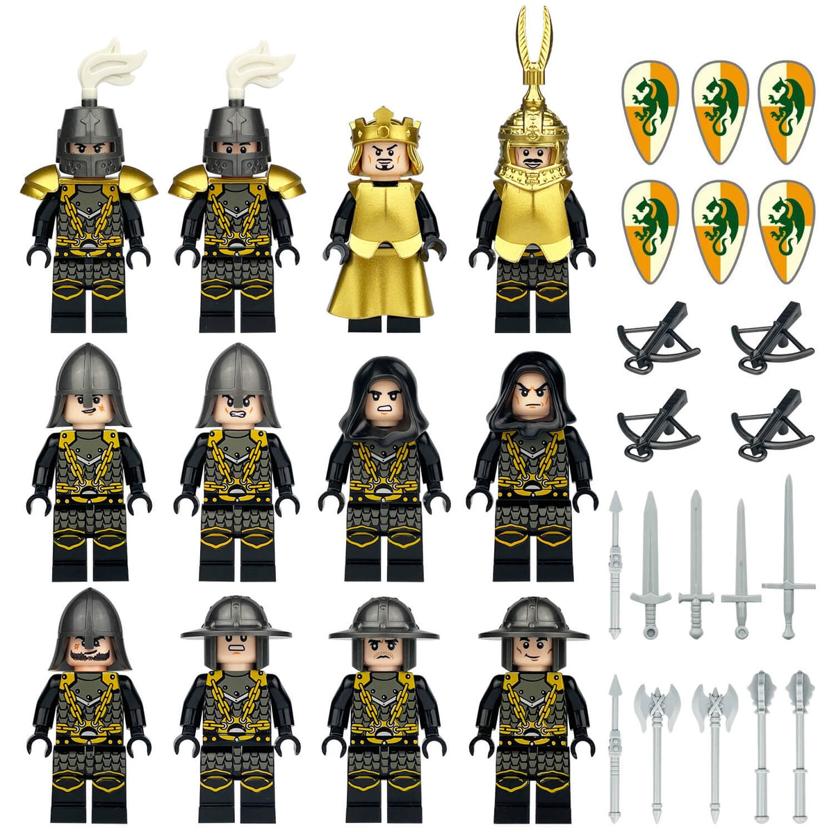Dragon Guard Knights 12-figure set with dragon shields, crossbows and weapons on white
