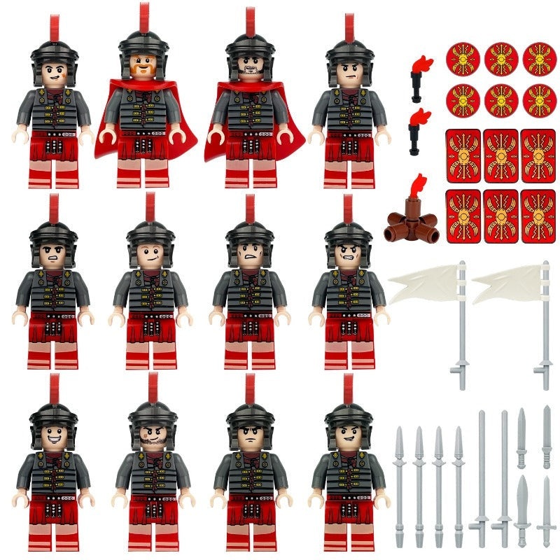 Red Legion Roman soldier minifigure set with 12 legionaries, shields, banners, and weapons