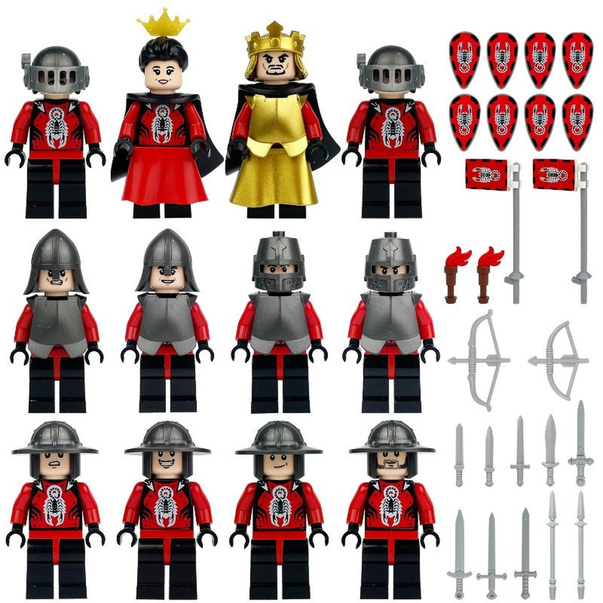 Scorpion Kingdom knights minifigure set with king, queen, soldiers, shields, flags, and weapons