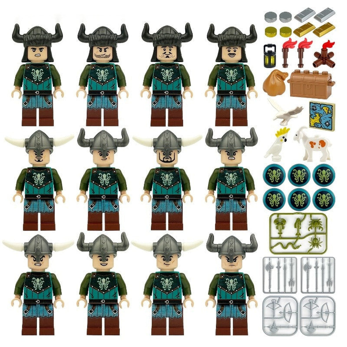 Kraken Sea Raiders Minifigure Set, 12 Warriors with Treasure