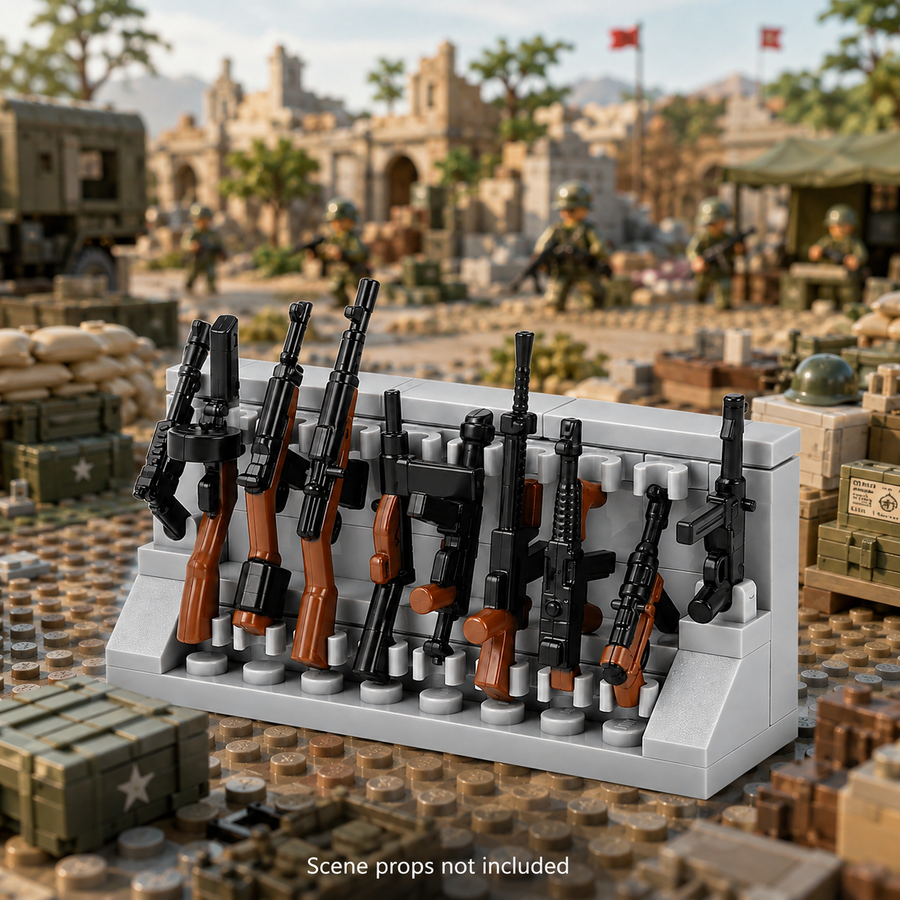 Gray Shelf Rack with Rifles in a battle scene; scene props not included