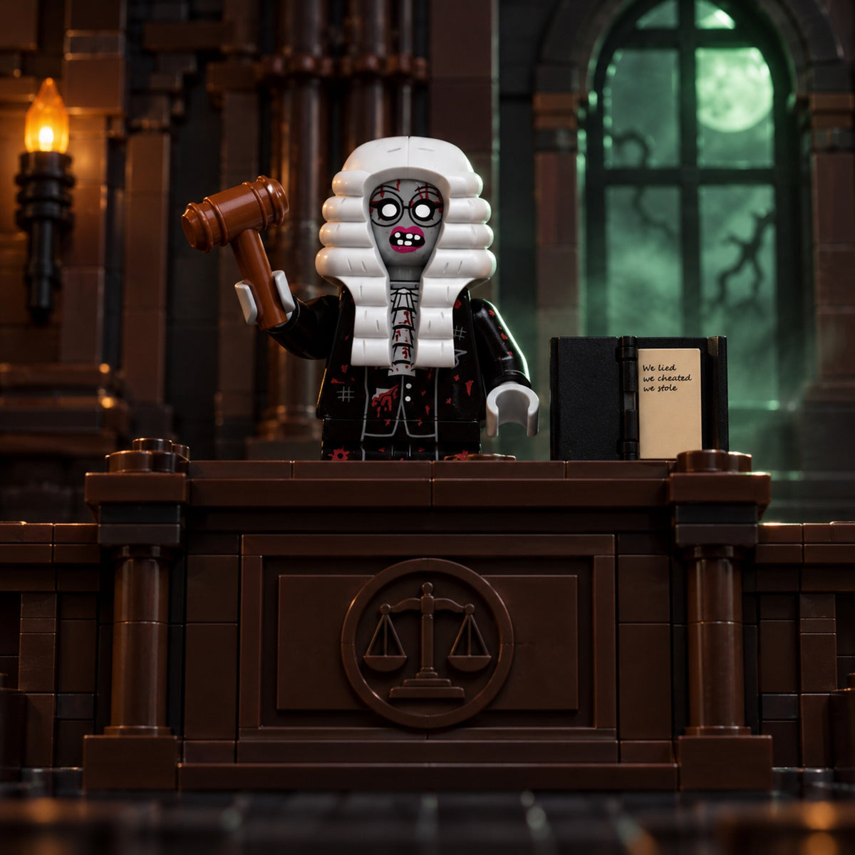 Zombie Judge Minifigure with Gavel and Ledger lifestyle scene A