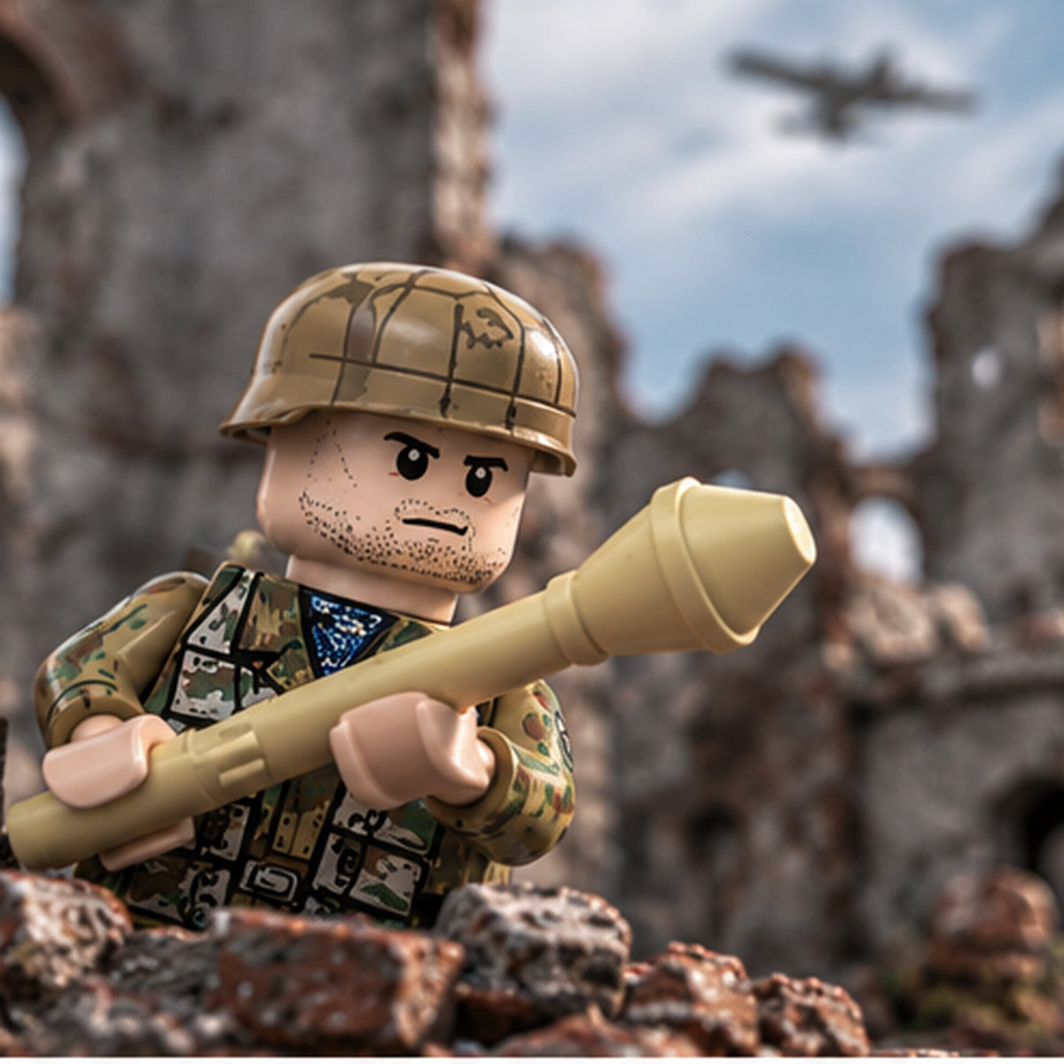 WWII Luftwaffe Field Soldier Minifigure with Anti-Tank Launcher close lifestyle scene