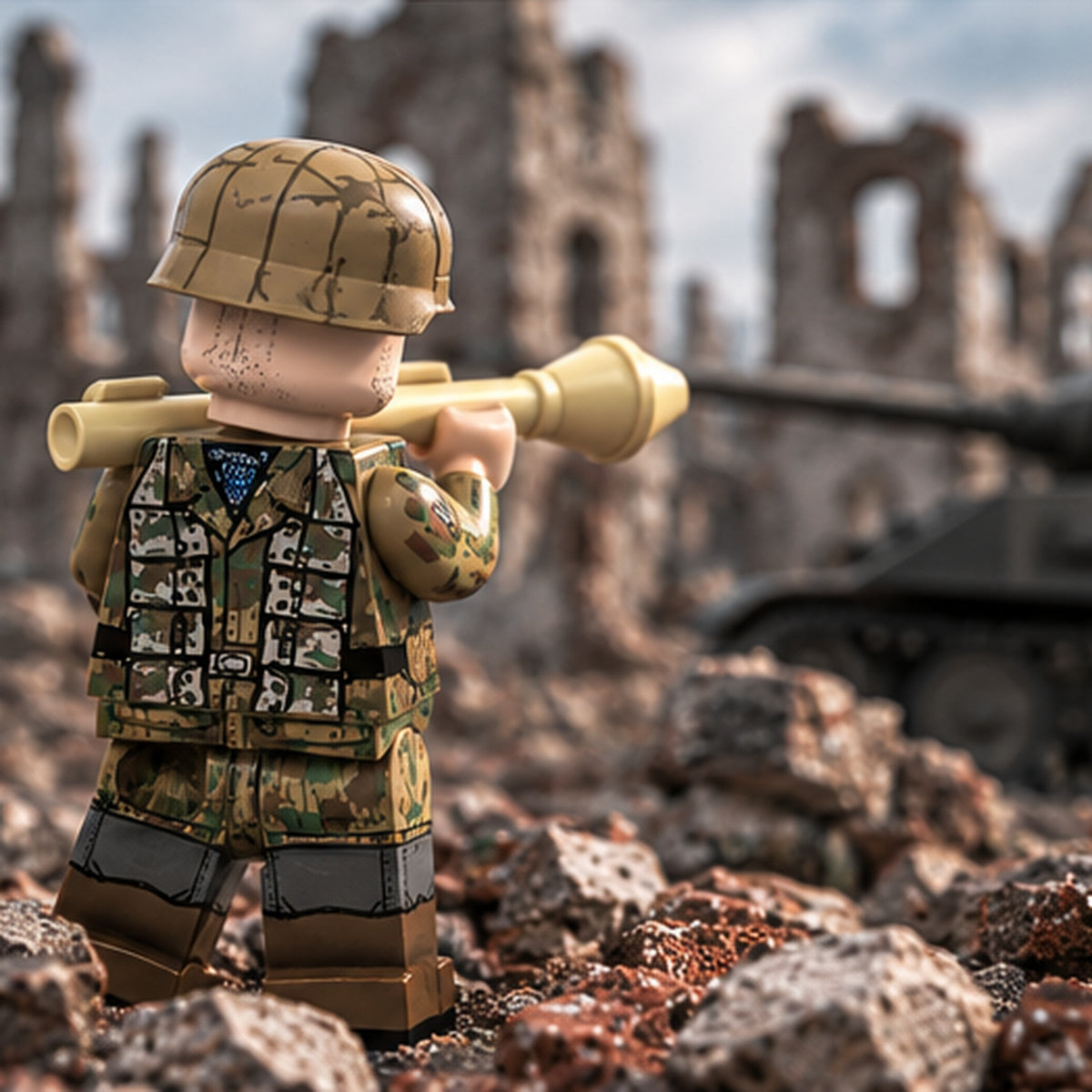 WWII Luftwaffe Field Soldier Minifigure with Anti-Tank Launcher tank lifestyle scene