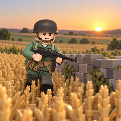 WWII German Paratrooper Minifigure with MP40 lifestyle scene A