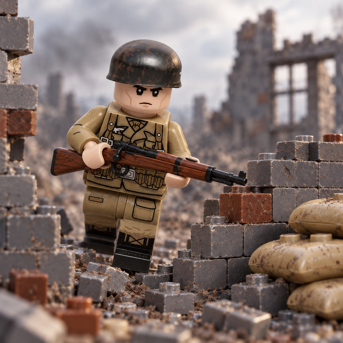 WWII German Paratrooper Minifigure with 98k Rifle lifestyle scene A