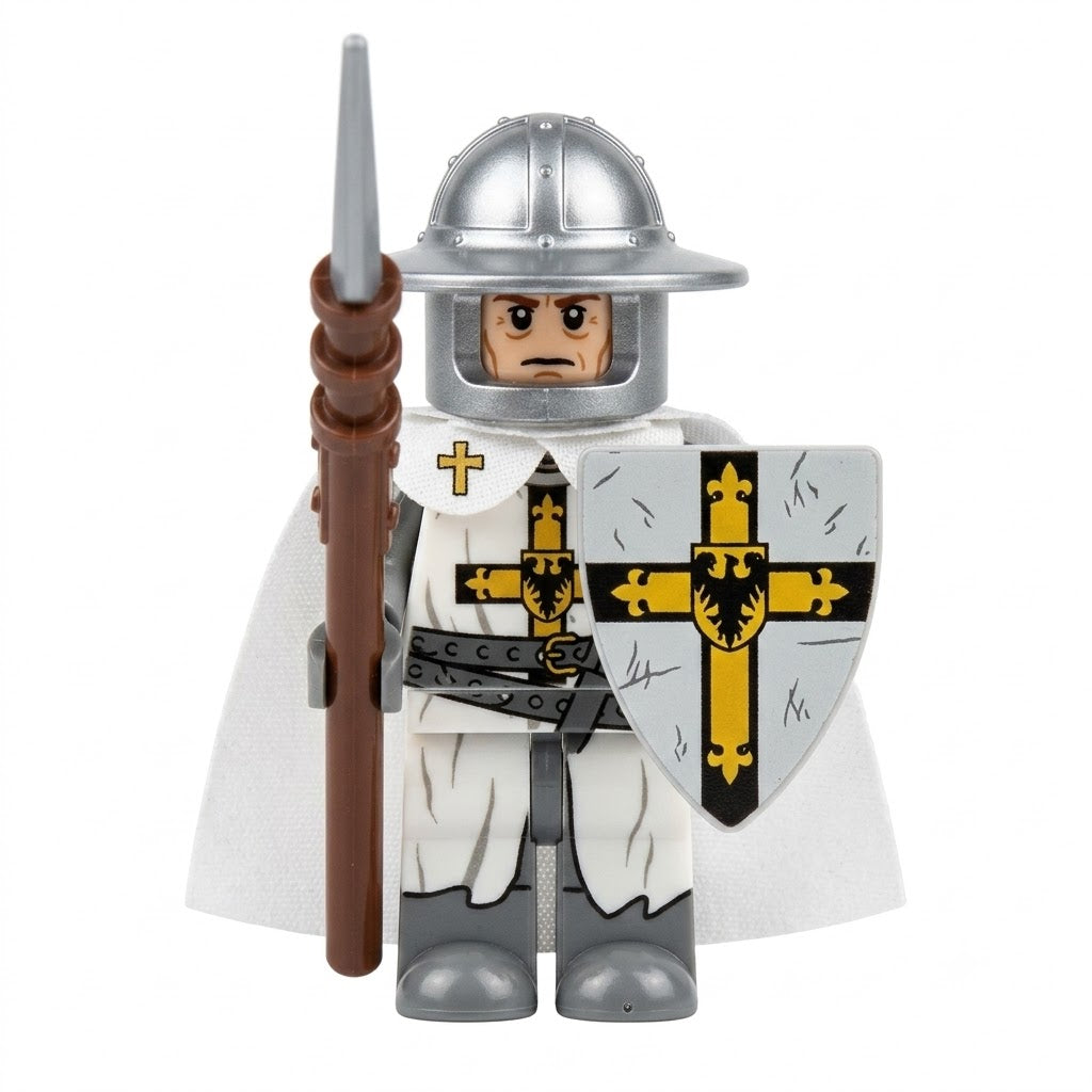 White-Caped Knight with Golden Cross Shield and Spear Minifigure