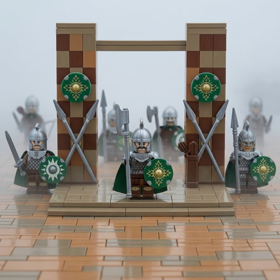 Green cape warrior army group laid out with all capes, helmets, shields and weapons visible