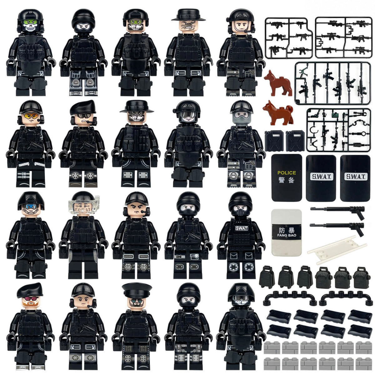 SWAT Police Mega Set with 20 figures, tactical accessories and black sandbags