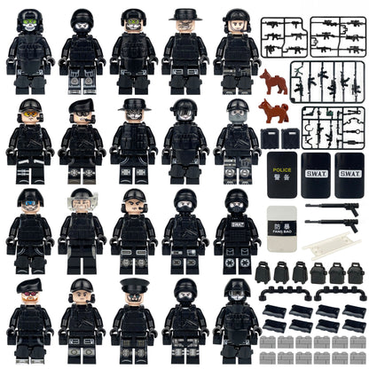 SWAT Police Mega Set with 20 figures, tactical accessories and black sandbags