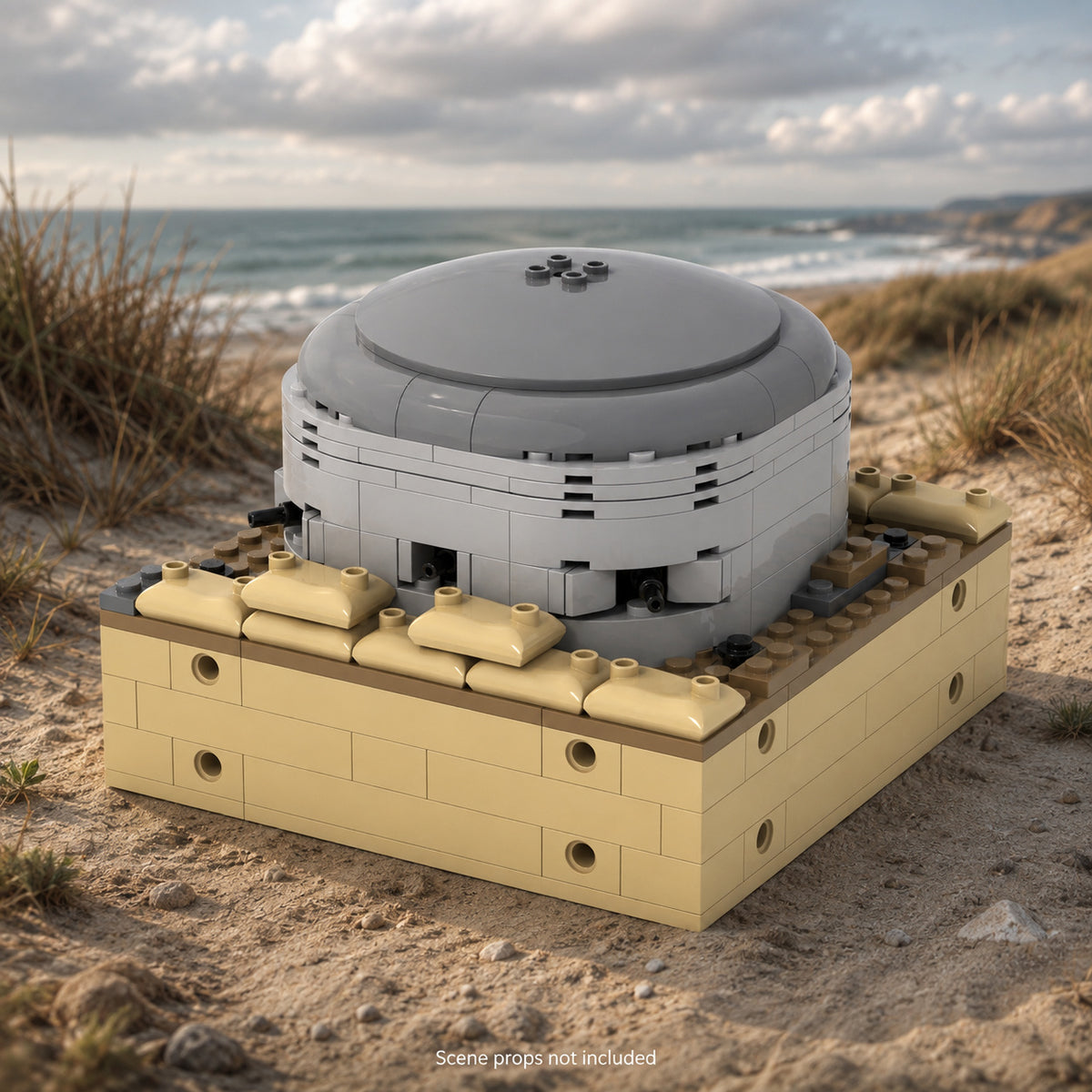 Gray brick dome blockhouse on a sandy coastal dune; scene props not included.