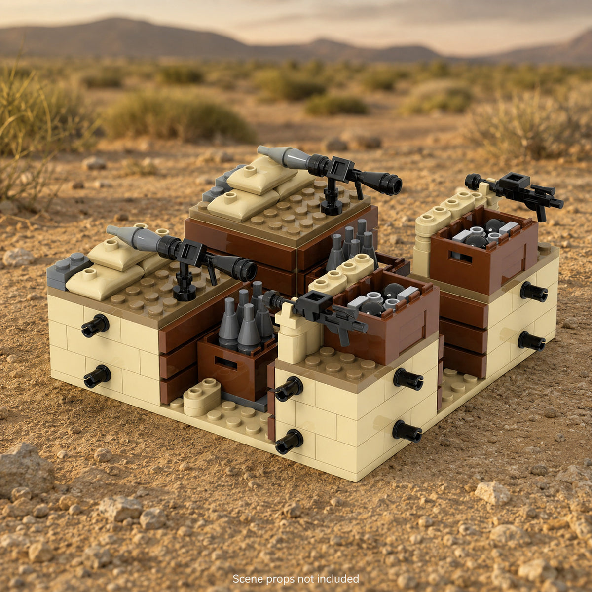 Bazooka nest brick build on sandy ground at sunset; scene props not included.