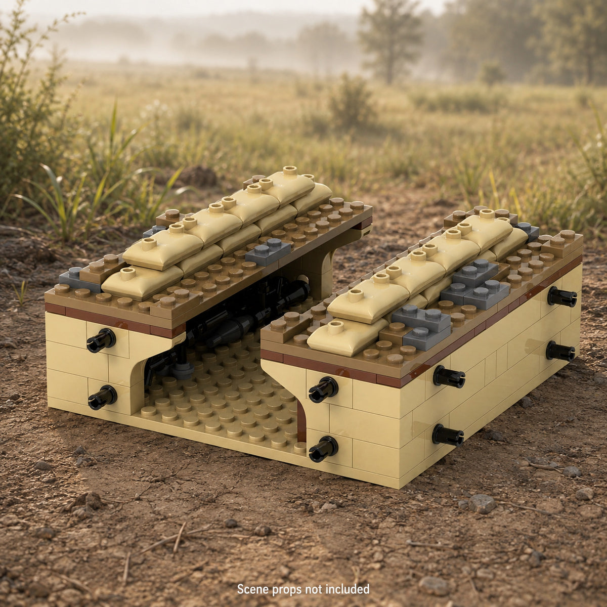 Covered trench shelter brick build in a misty meadow; scene props not included.