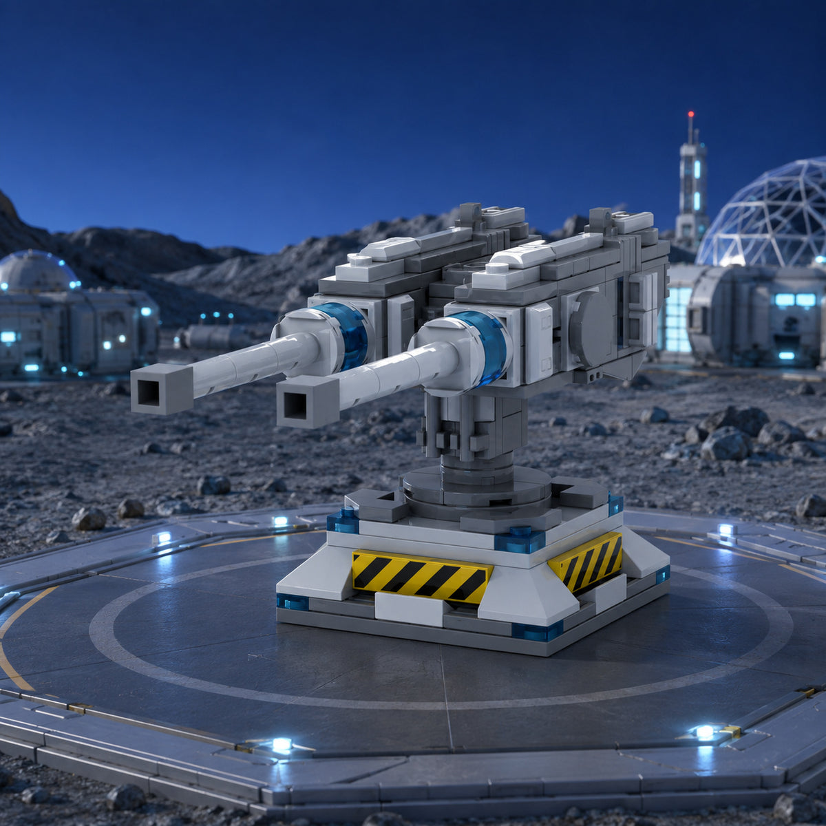 Double-Barrel Cluster Cannon at a futuristic moon base; scene props not included
