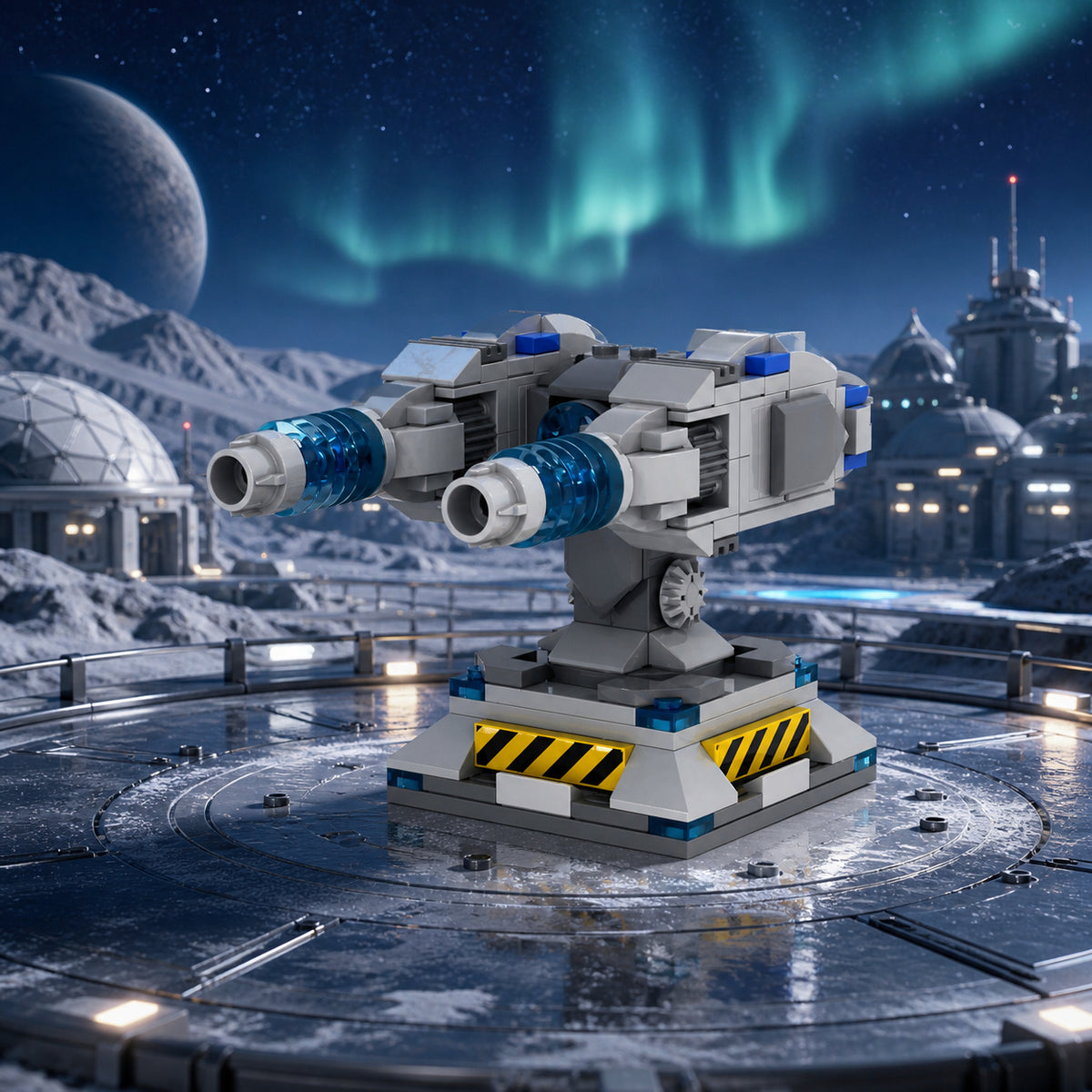 Spiral Pulse Cannon at a frosty alien observation base; scene props not included