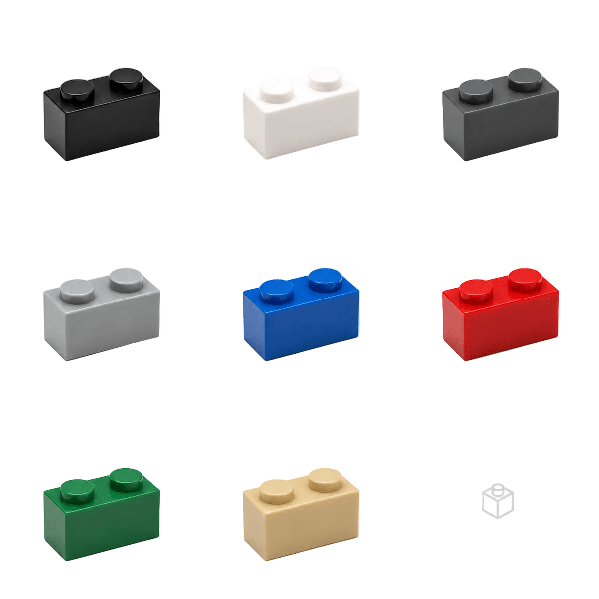 1x2 building bricks shown in assorted colors