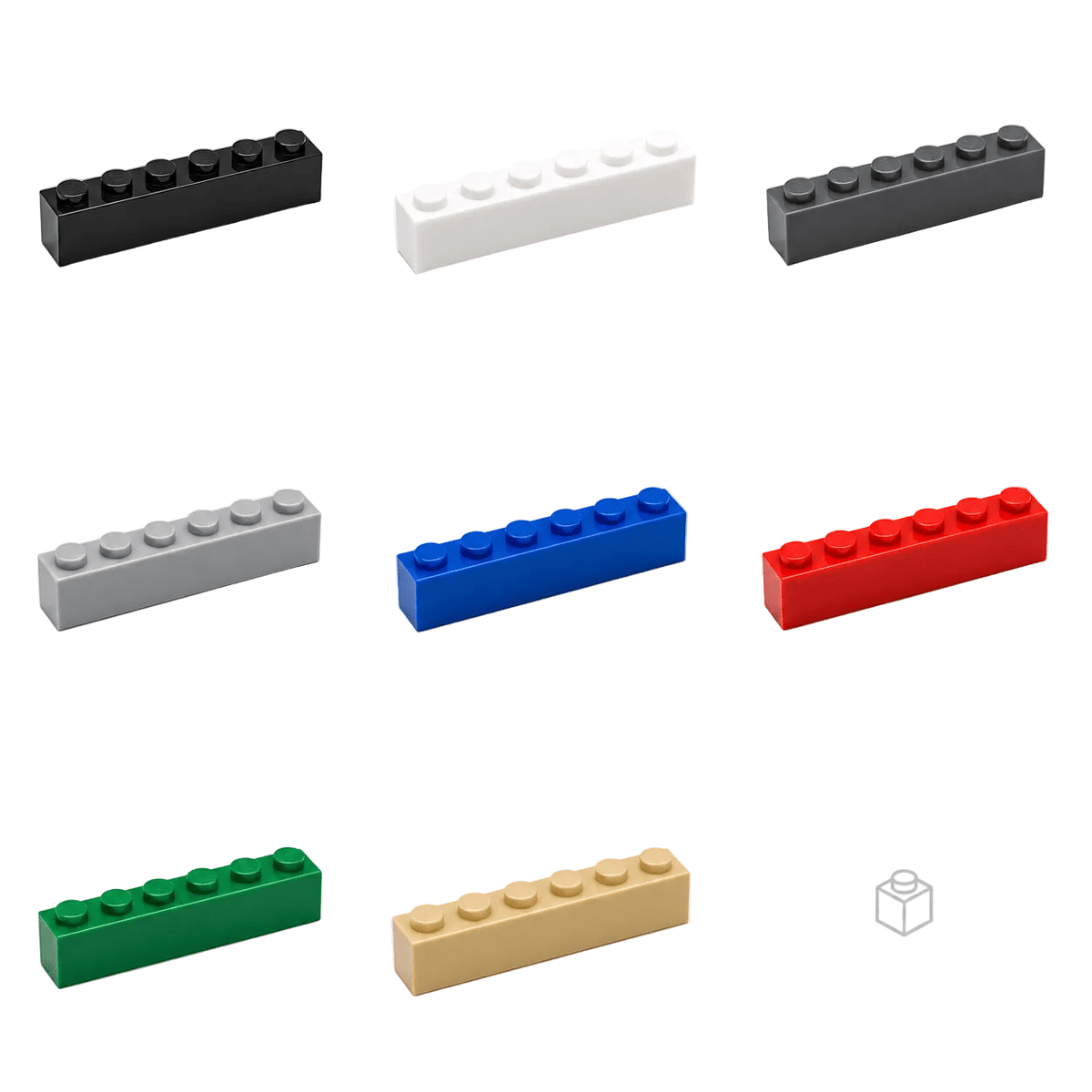 1x6 building bricks shown in assorted colors