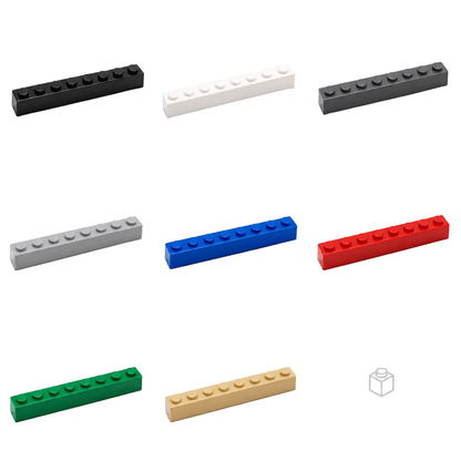 1x8 building bricks shown in assorted colors