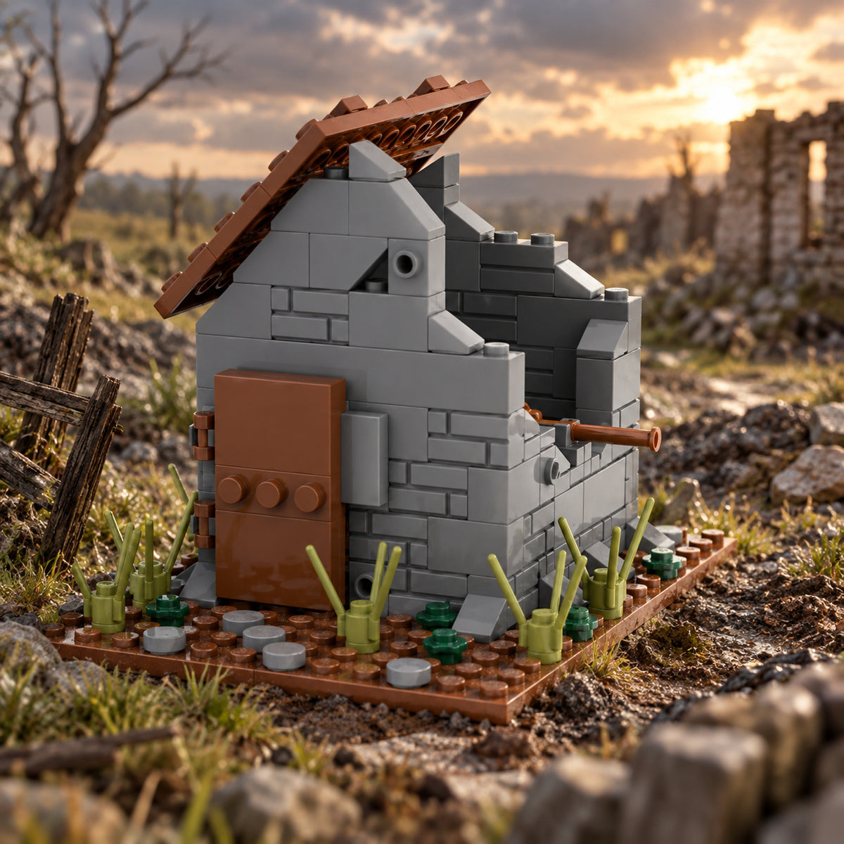 Abandoned Stone Hut with Broken Roof scene