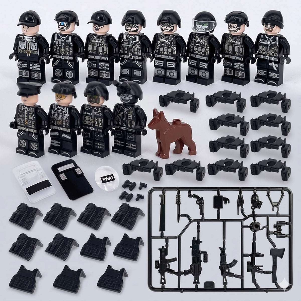 SWAT Police Mega Set, 12 figures with shields, dog and accessories