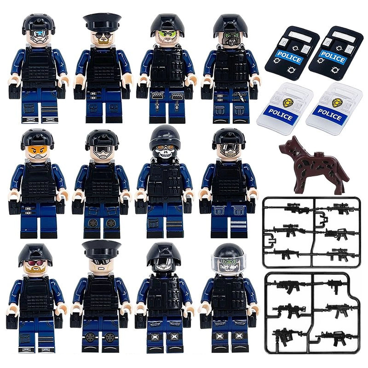 SWAT Police Squad, 12 figures with four shields, dog and accessories