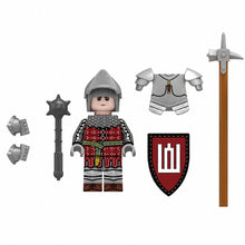 Red Gate Knight minifigure and included accessories on white background