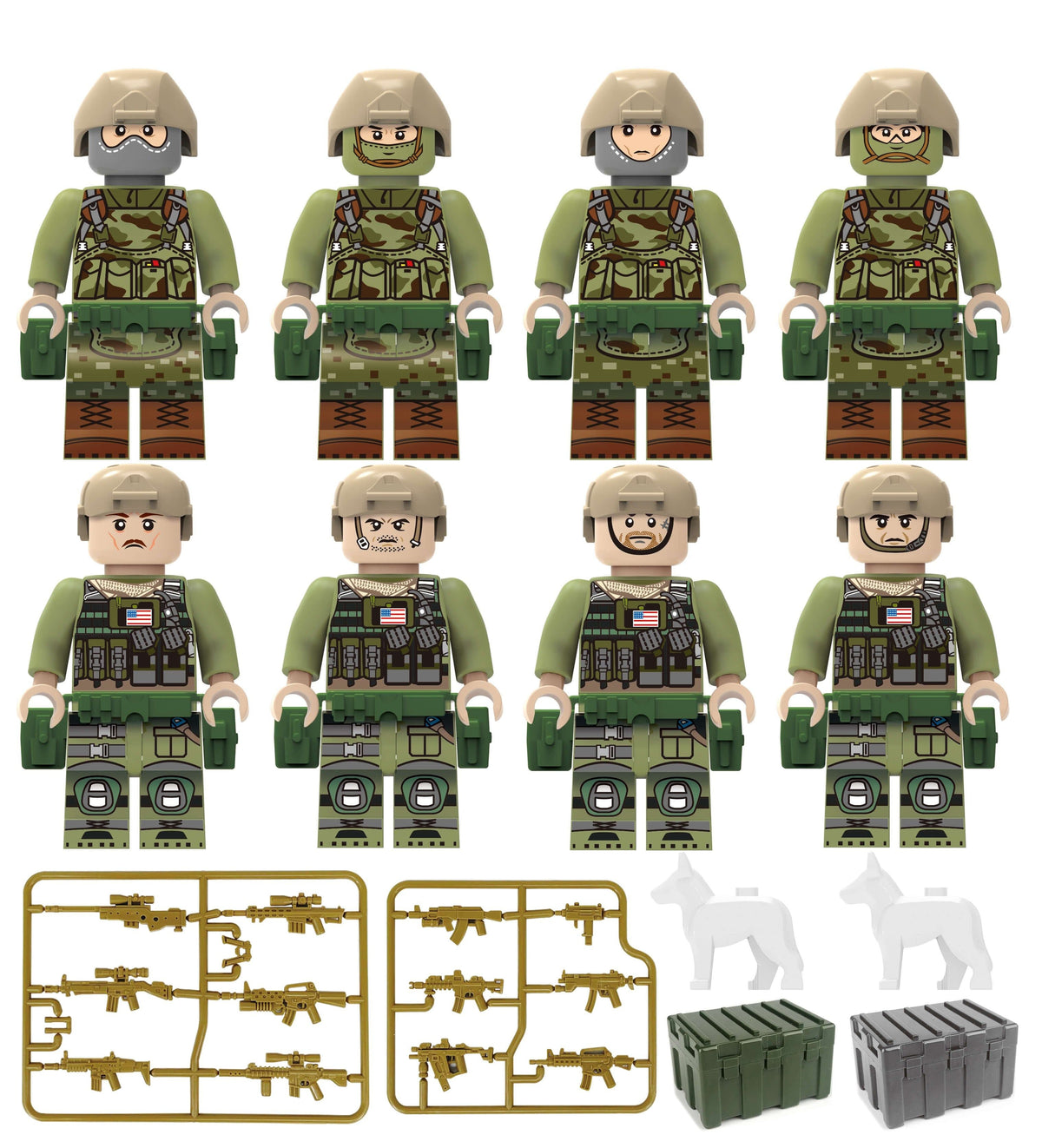 US and Russian Special Forces, 8 figures with two dogs, weapon sprues and two crates
