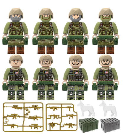 US and Russian Special Forces, 8 figures with two dogs, weapon sprues and two crates