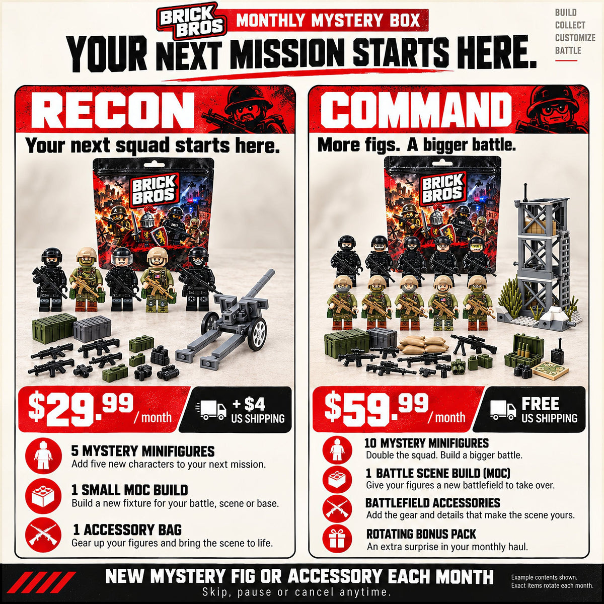Brick Bros Recon and Command monthly mystery box comparison: example contents, component benefits, monthly prices and US shipping.