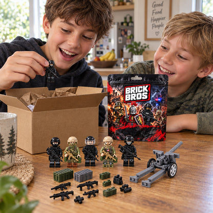 Illustrative lifestyle scene of kids opening a Brick Bros delivery at a table with figures, accessories and a small build.